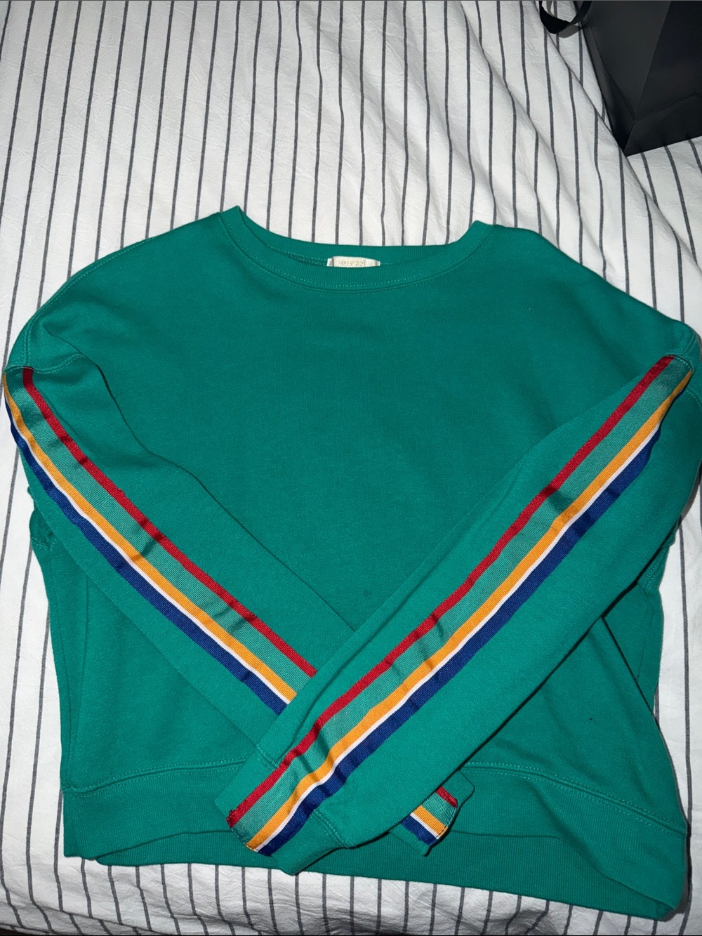 Forever 21 Teal Crewneck Sweater with Multicolor Sleeve Stripes